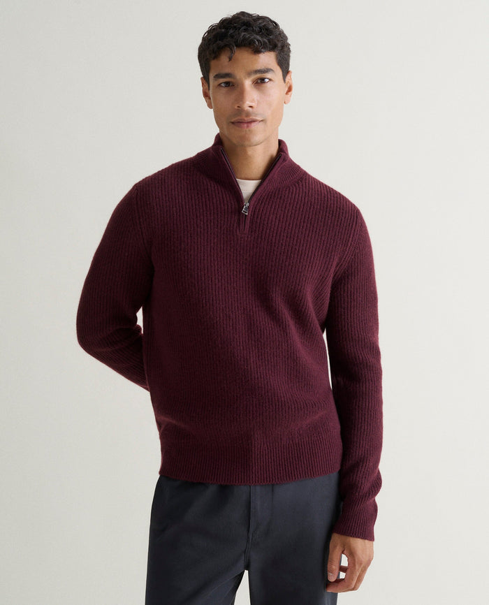 Oxblood - Men's Cashmere Merino Fishermans Rib 1/4 Zip Jumper