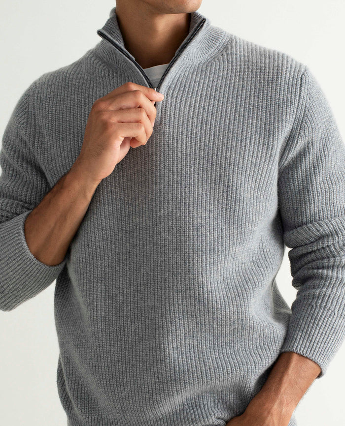 Medium Grey - Men's Cashmere Merino Fishermans Rib 1/4 Zip Jumper