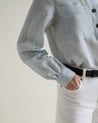 Blue Stripe - Women's Silk Stripe Grandad Collar Blouse