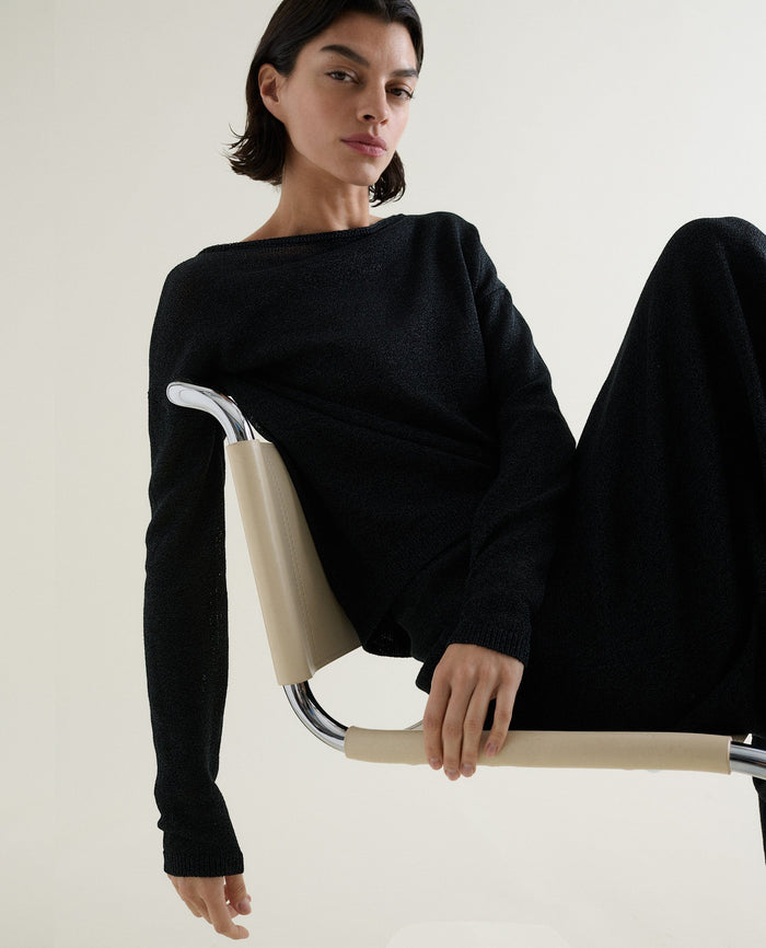 Black - Women's Cotton Bouclé Slash Neck Jumper