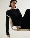 Black - Women's Cotton Bouclé Slash Neck Jumper