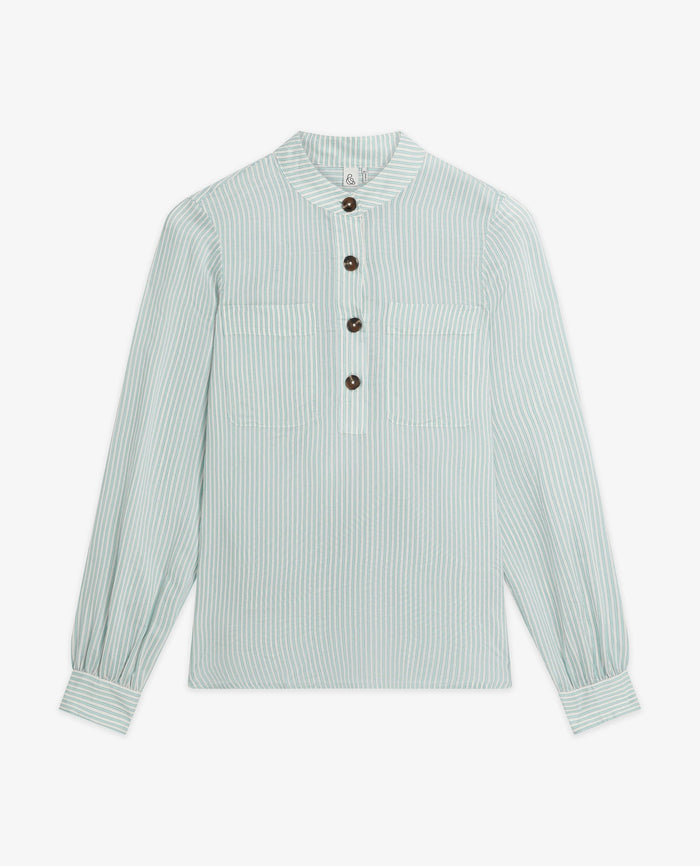 Blue Stripe - Women's Silk Stripe Grandad Collar Blouse